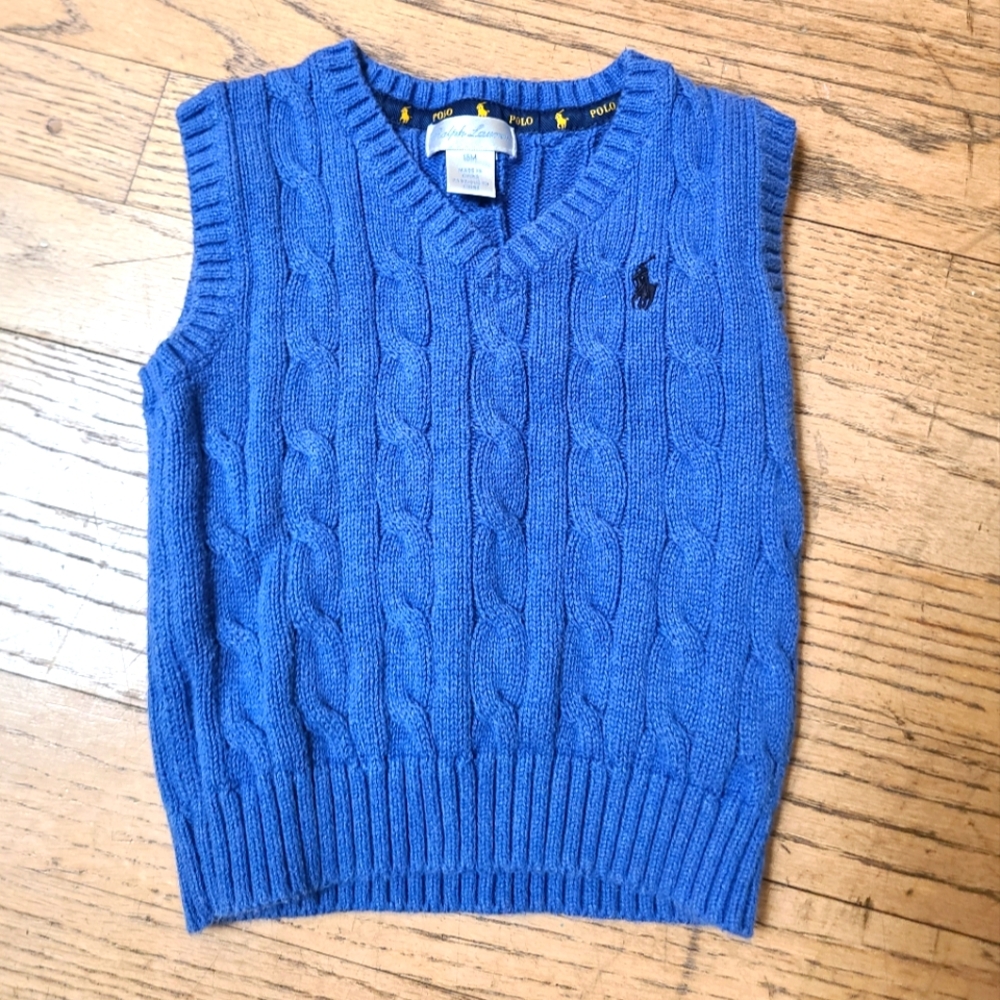 Ralph Lauren blue cable knit sweater vest sleeveless v-neck polo